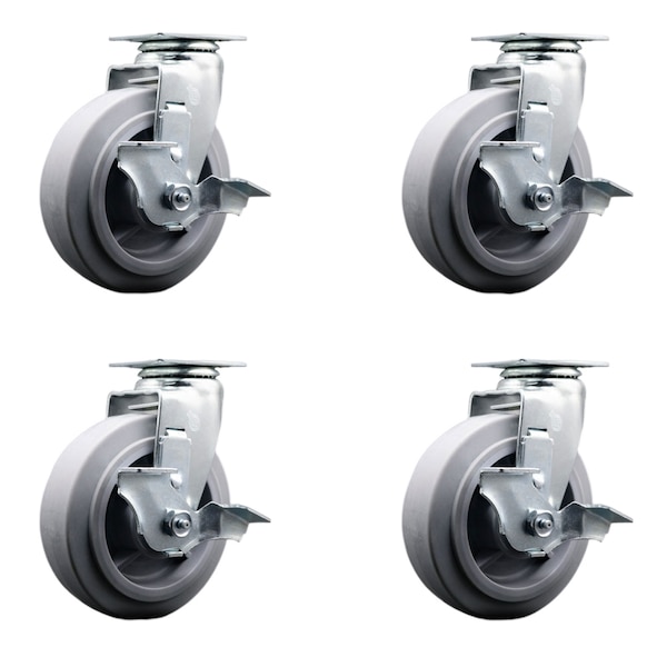 6 Inch Thermoplastic Rubber Swivel Caster Set with Roller Bearings and Brakes